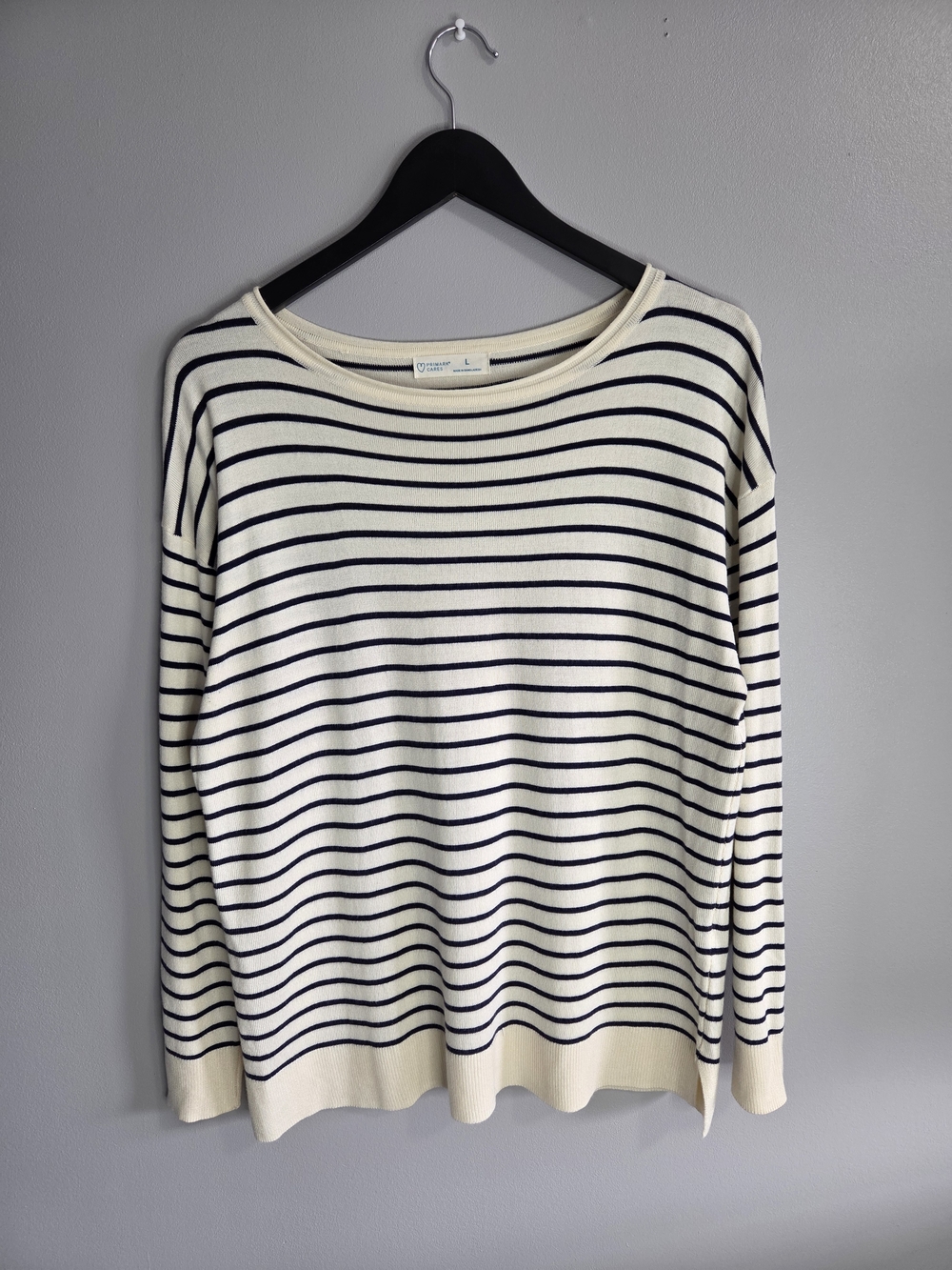 Primark Cares Striped Knit Boatneck Sweater / Size L / Cream & Navy Blue
